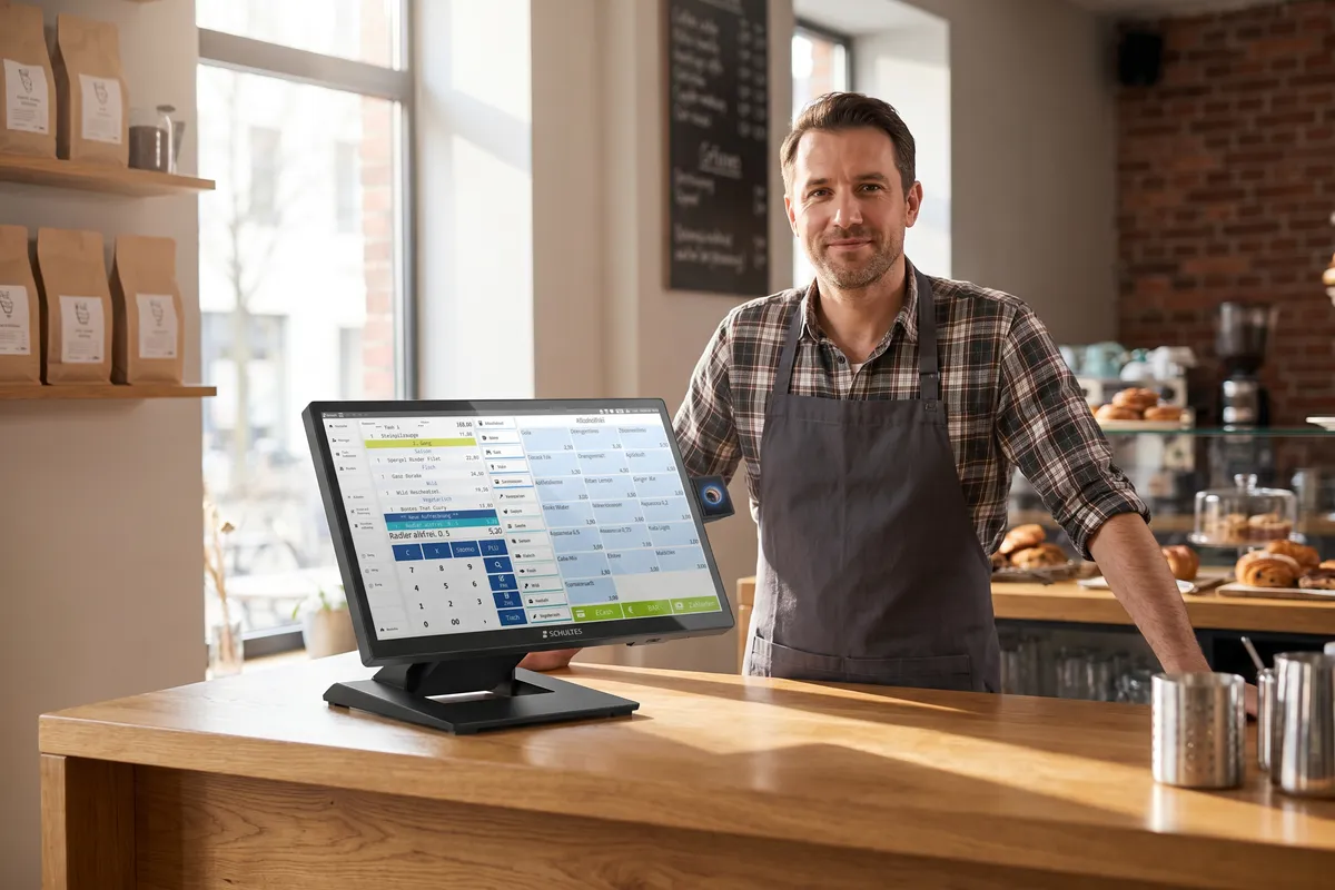 Gastronom steht stolz an seiner eigenen SCHULTES S800 Touch-Kasse mit bluepos® im Café