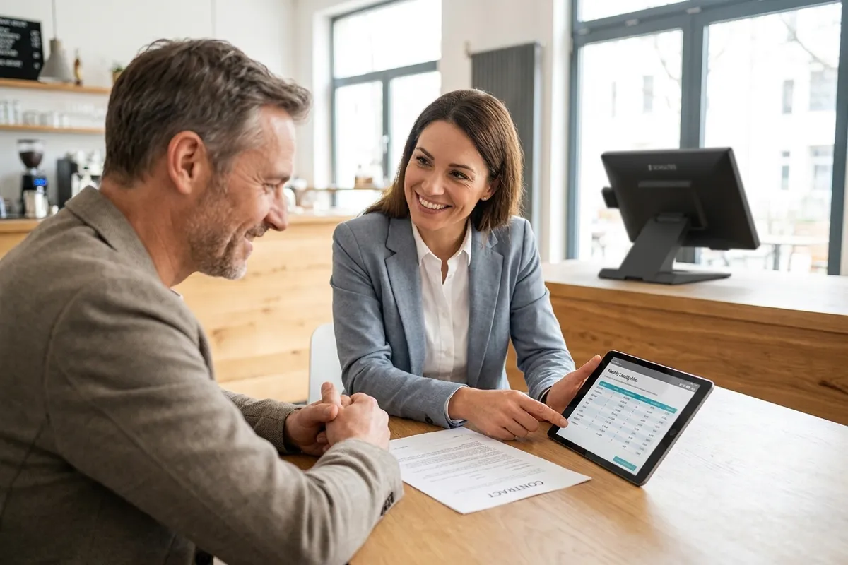 Beraterin und Unternehmer besprechen einen Leasingvertrag am Tisch, SCHULTES Touch-Kasse im Hintergrund