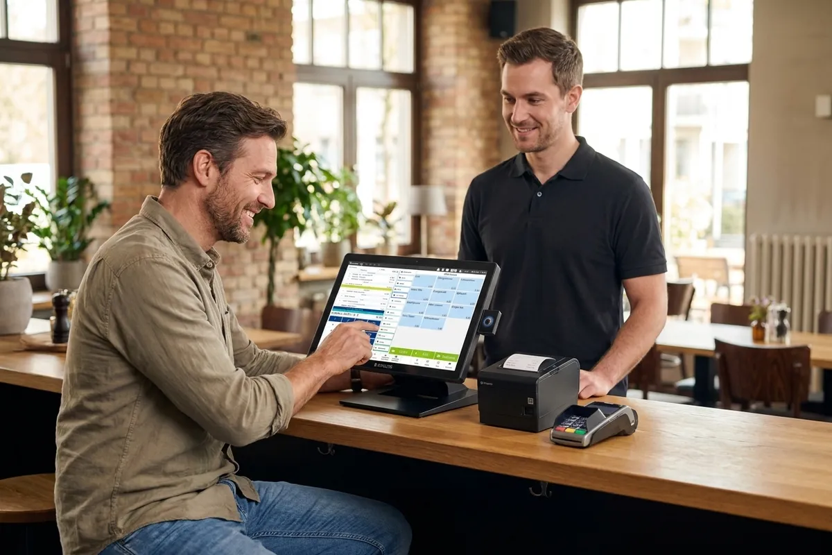 Gastronom bedient die SCHULTES S800 Touch-Kasse, Servicetechniker und komplettes Kassen-Set an der Theke