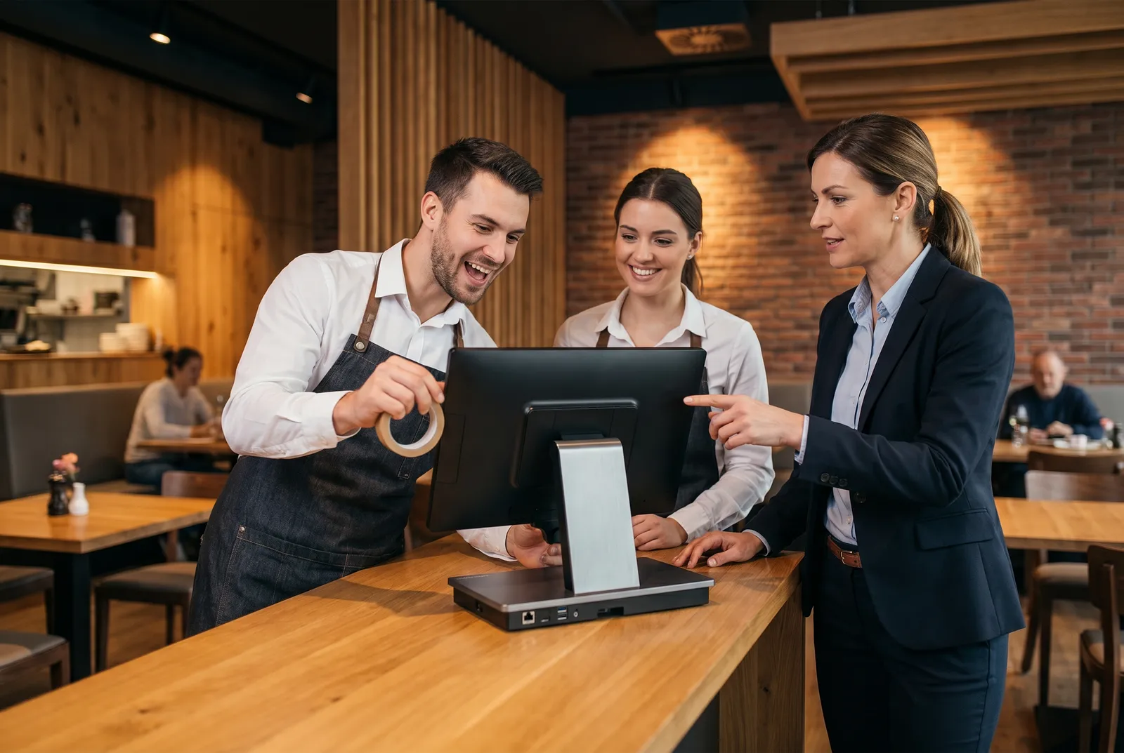 Kassen-Spezialist schult zwei Mitarbeitende an einer Orderman Magellan Touch-Kasse mit bluepos®