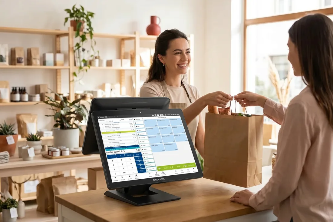 Verkauf an der Kasse einer Boutique mit Touch-Kasse und Handscanner