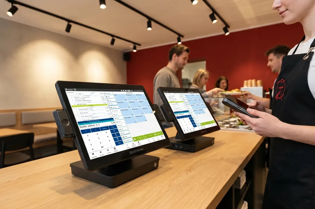 Moderner Quick-Service-Tresen mit Self-Order-Terminal und mehreren Kassen