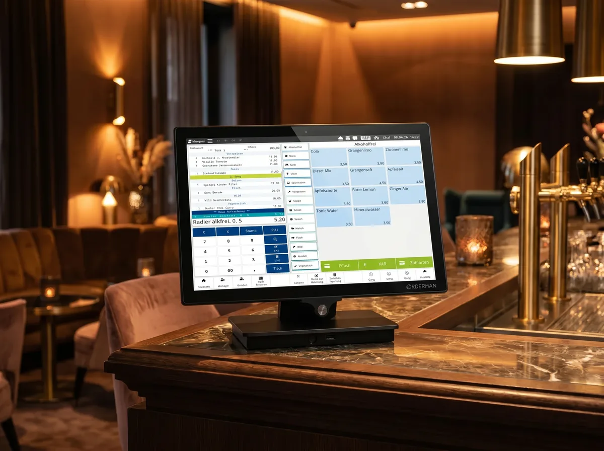 Orderman Magellan stationäres POS-Terminal mit bluepos® in einer eleganten Lounge