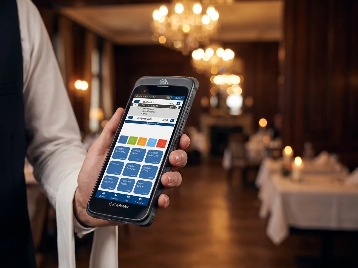 Kellner hält ein Orderman 10 Funk-Handheld mit bluepos® im Restaurant
