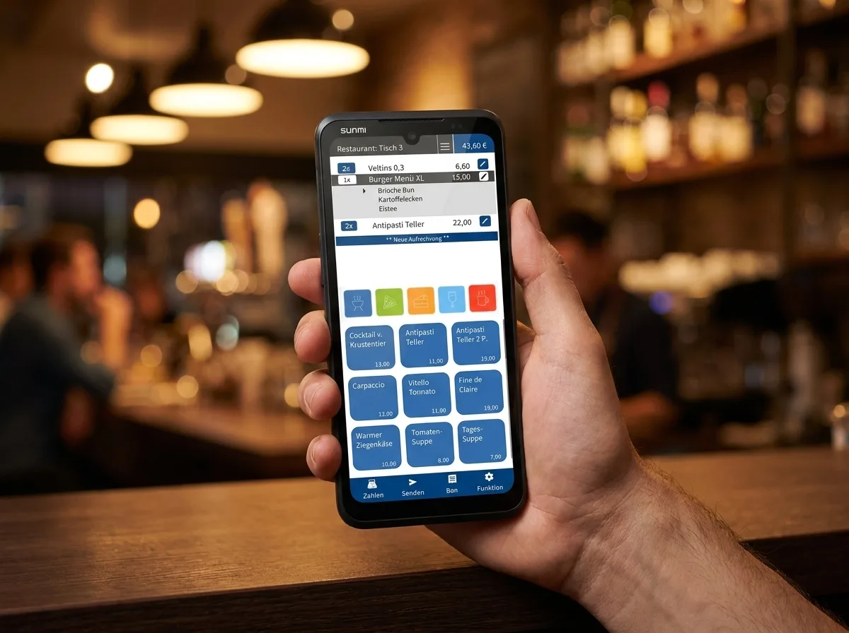 Sunmi H3 mobiles Android-Kassenterminal mit bluepos® im Einsatz