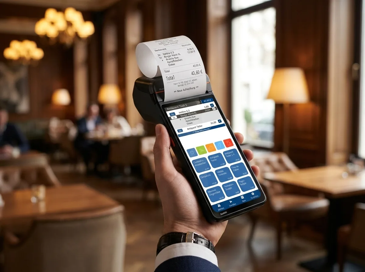 Sunmi V3 Handheld mit integriertem Bondrucker und bluepos® im Einsatz